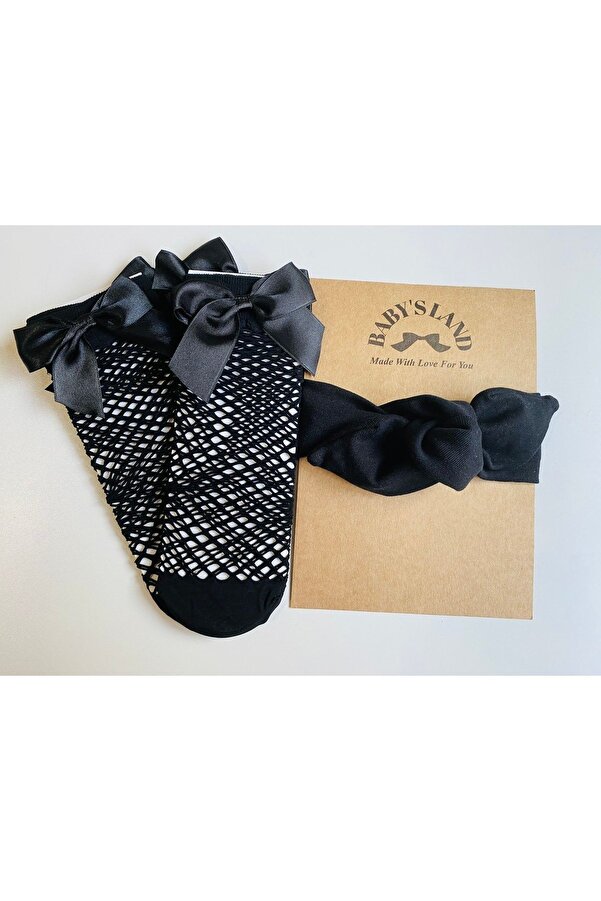 Babyland Kız Bebek Çocuk Siyah Ribana Bandana Ve Siyah File Çorap