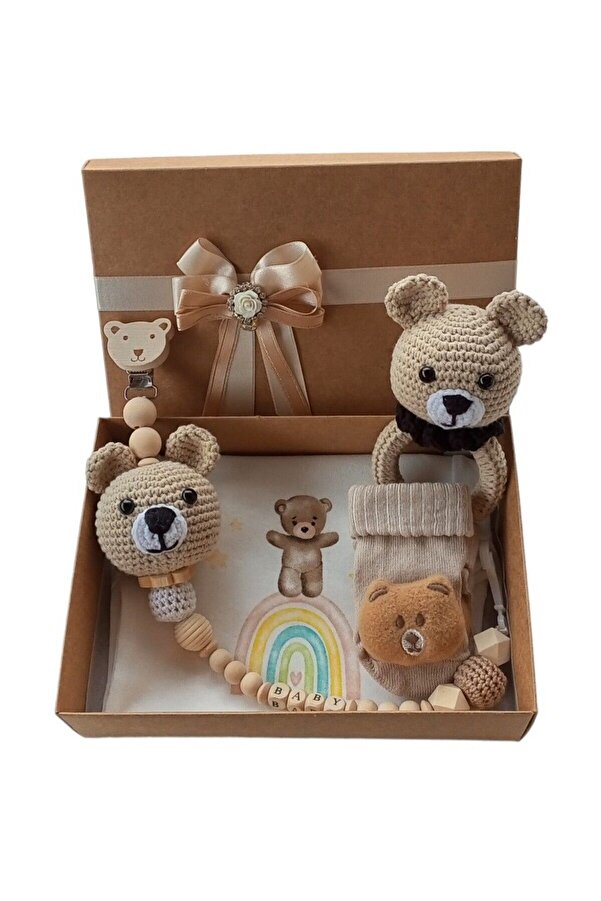 Style Baby Amazing Unisex, Yenidoğan Bebek, Amigurumi Isimli Emzik Askısı Ve Ayıcık Baskılı Badi Hediye Seti