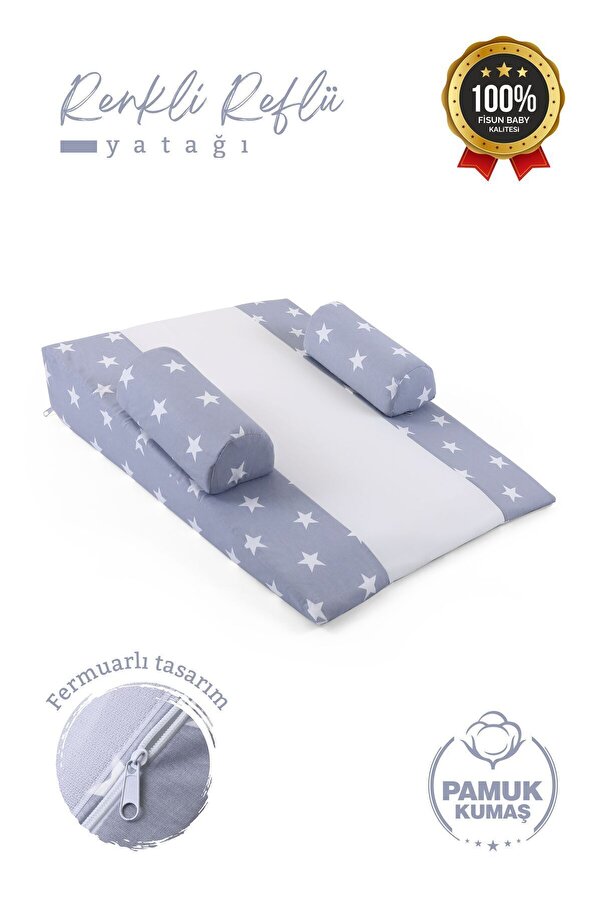 Fisun Baby Bebek Reflü Yatağı (AÇIK GRİ -YILDIZ) Yıkanabilir Kılıflı, Ortopedik, Ana Kucağı