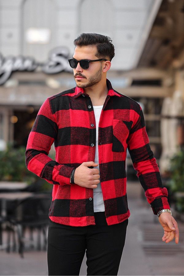 Mero Life Men s Red black Oversize Checked Plaid Cotton Thick Fabric Lumberjack Jacket Shirt Trendyol