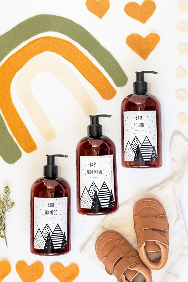 LALEZEN HOME 3 Lü Amber Plastik Şişe 500 ml Bebek Set Bebek Şampuanı Bebek Losyon Bebek Duş Jeli Etiketli
