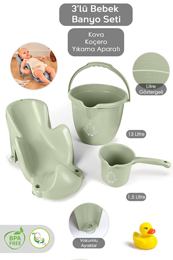 Meleni Baby 3'lü Bebek Banyo Seti - Vakum Tabanlı Yıkama Aparatı - Banyo Su Kovası - Maşrapa - Yeşil