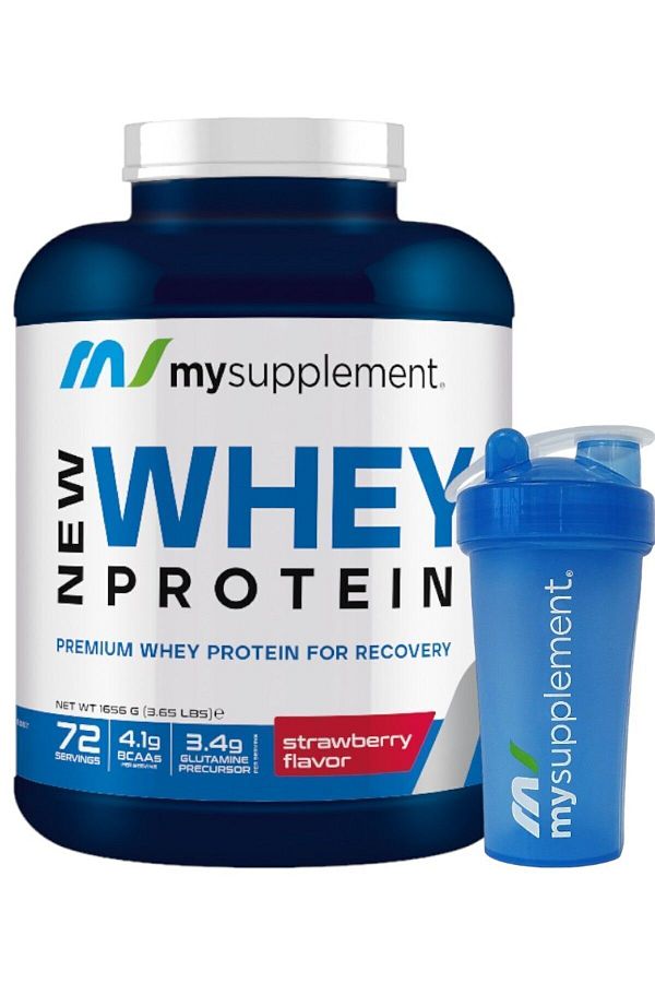 MYSUPPLEMENT-بروتين مصل الحليب بنكهة الفراولة 72 حصة 1656 جرام مسحوق بروتين وشاكر هدية 1