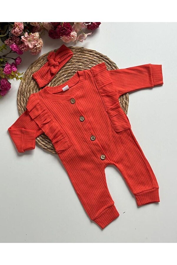 MBK GARDEN Fırfırlı Ribana Mevsimlik Bebek Tulum - Bandanalı Yenidoğan/3/6/9 Ay