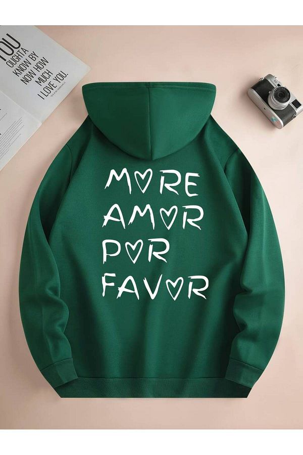 PAVRO More Amor Por Favor Printed Unisex Oversize Hooded Sweatshirt Trendyol