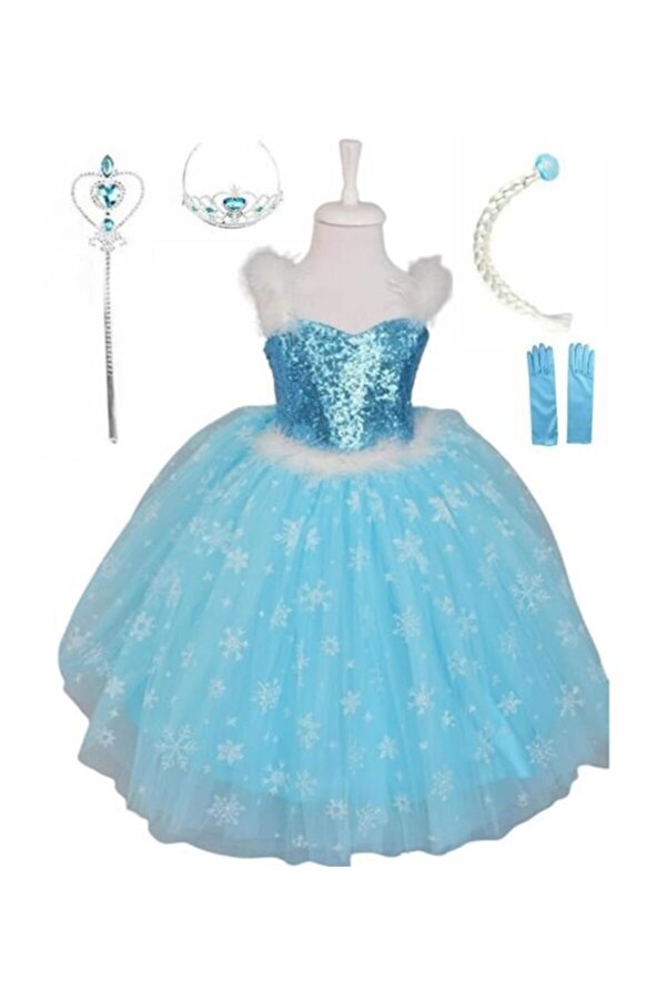 BUTİKHAPPYKİDS Kız Çocuk Elsa Kostümü Taç Asa Saç Eldiven Hediyeli