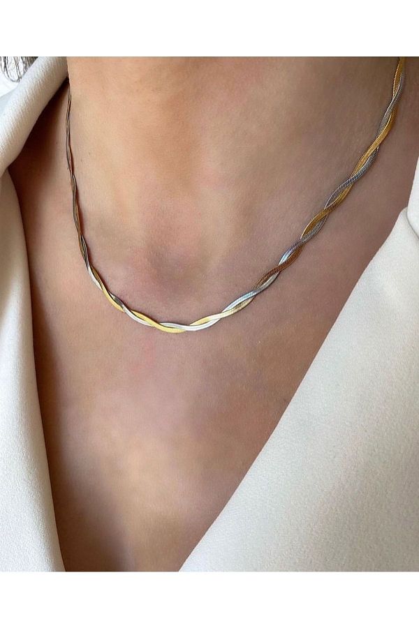 İNN JEWELLERY-Silver-gold Flat Model Steel Necklace 1