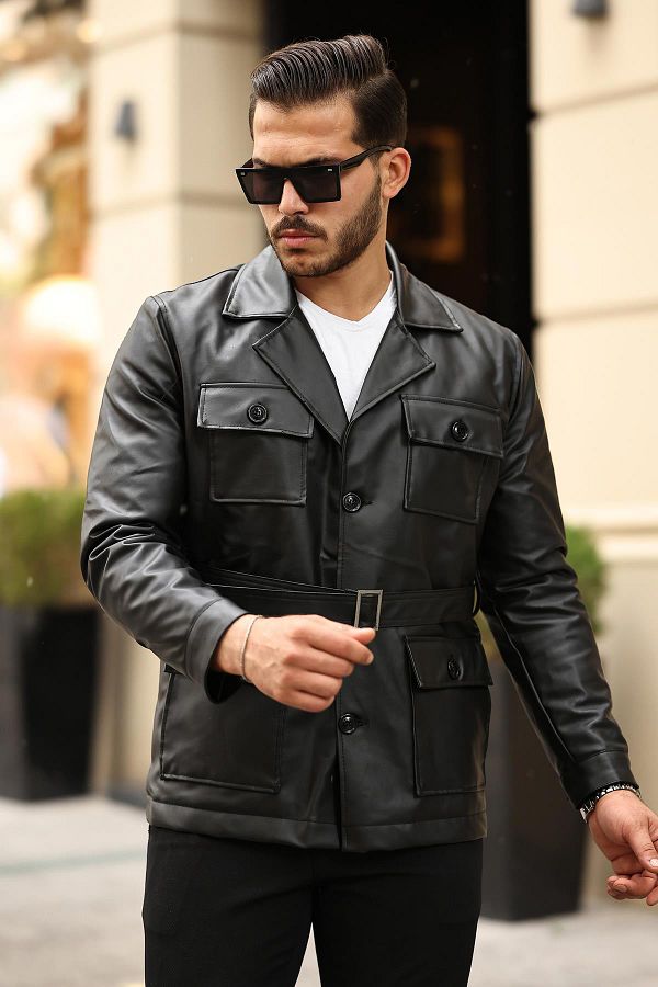 Mens belted leather jacket deals