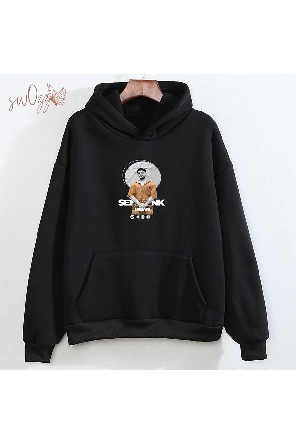 swOzz Semicenk Distance Printed Black Cotton Sweatshirt spotify code active Trendyol