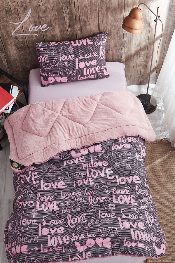 MARLA HOME-Love Pink Patterned - Single Double Sided Welsoft Quilt Set, Wellsoft Blanket Fluffy Soft Y 1