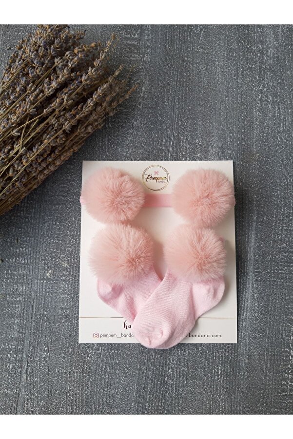 pempem bandana Kız Bebek Pembe Kısa Ponponlu Corap Bandana Takım