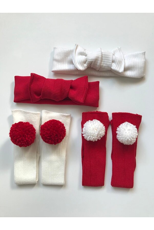 Nis butik Ponponlu 4’lü Set Bebek Hediyelik Ponponlu Çorap, Bandana