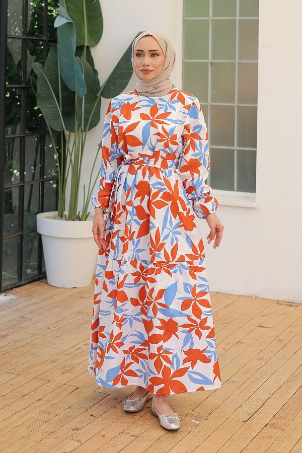 K G foot rest Orange Patterned Stylish Dress Trendyol