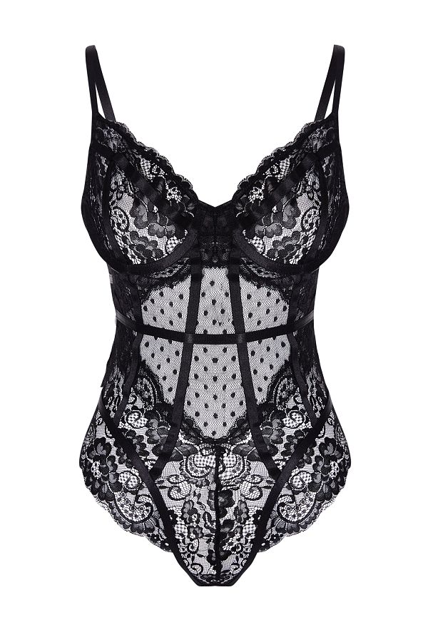 Trendyol Collection-Schwarzer Spitzen-Body mit Druckknopfverschluss und Seilriemen THMAW24BD00005 1