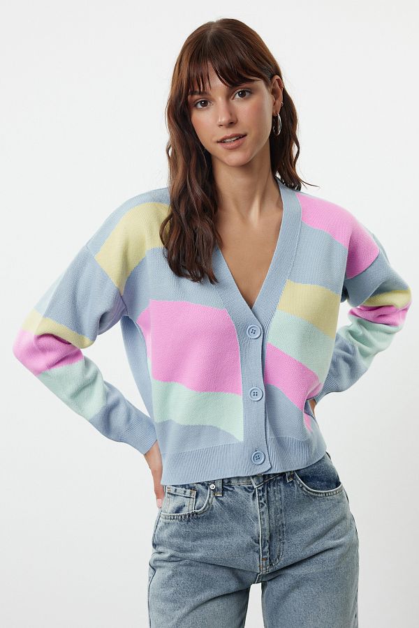 Trendyol Collection-Color Blocked Blue Knitwear Cardigan - TWOAW25HI00264 1