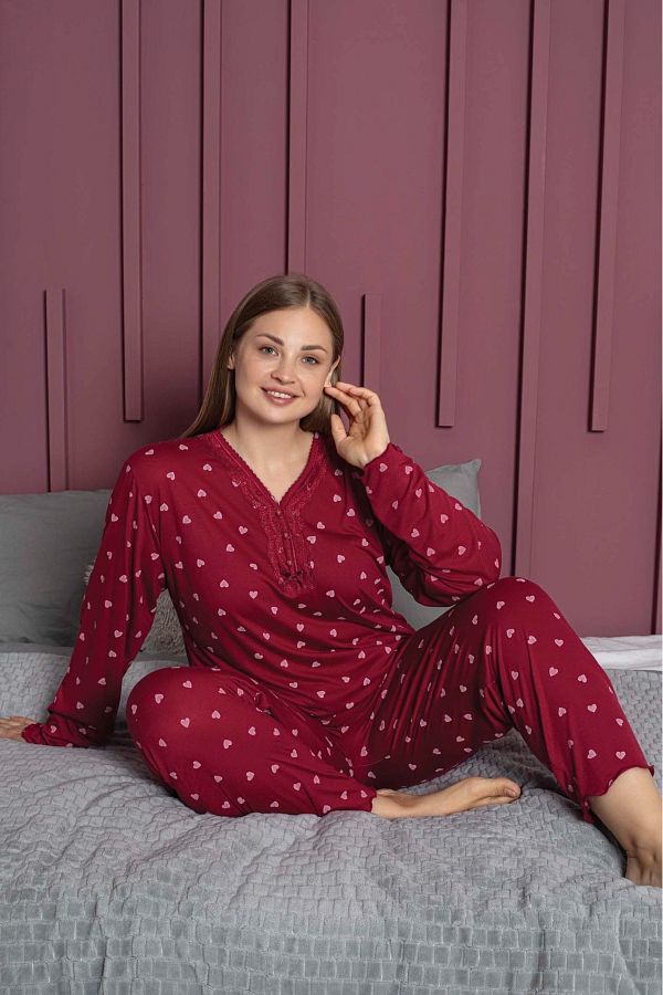wear treasure Plus Size Patterned Buttoned Bamboo Pajamas Set Long Sleeve Trendyol