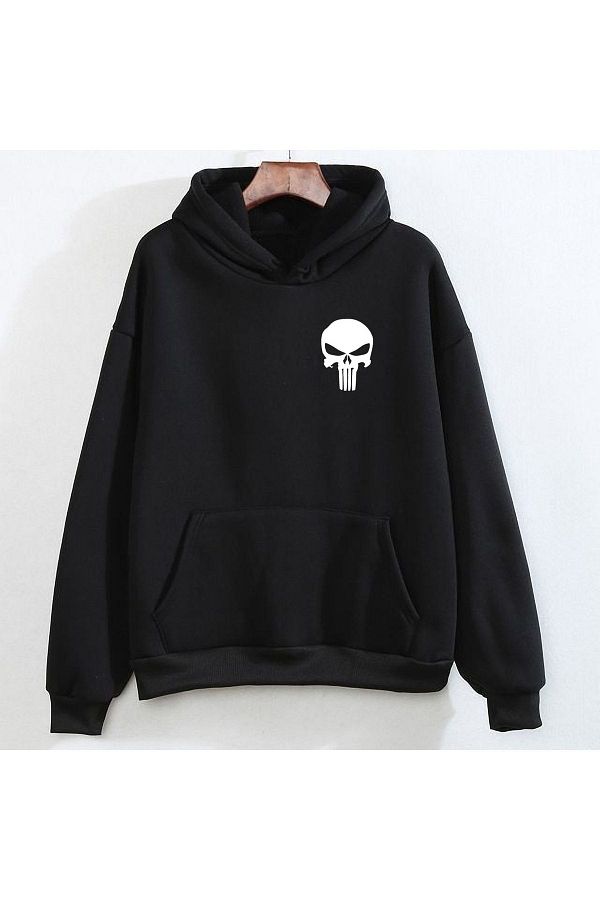 swOzz Punisher Front And Back Printed Thick Fabric Black Sweatshirt Hoodie Unisex Trendyol
