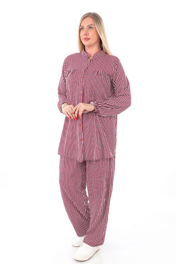 AfifeCOLLECTİON-Comfortable Fit Striped Bottom Top Set Stylish Patterned Mother's Set with Trousers 1