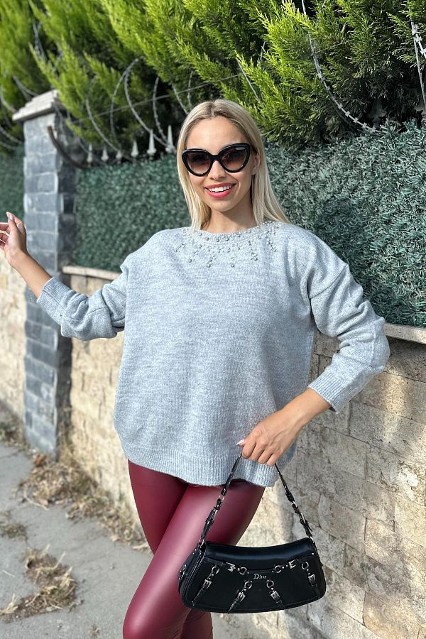 For Angels-Gray Pearl Sweater with Stone Detail 1
