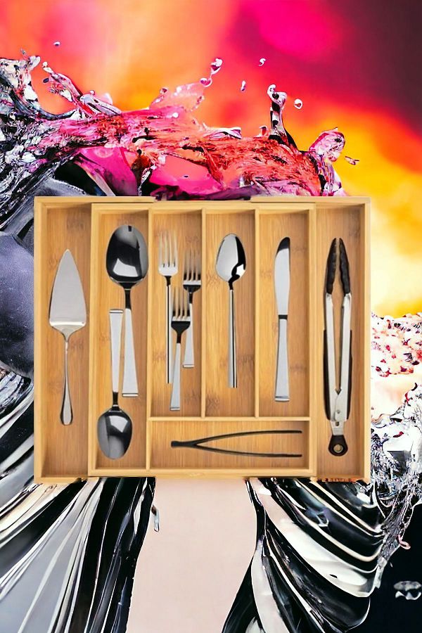 LeesHome-Adjustable Drawer 7 Compartment Spoon Holder Bamboo 1