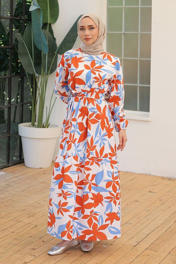 K G foot rest Orange Patterned Stylish Dress Trendyol