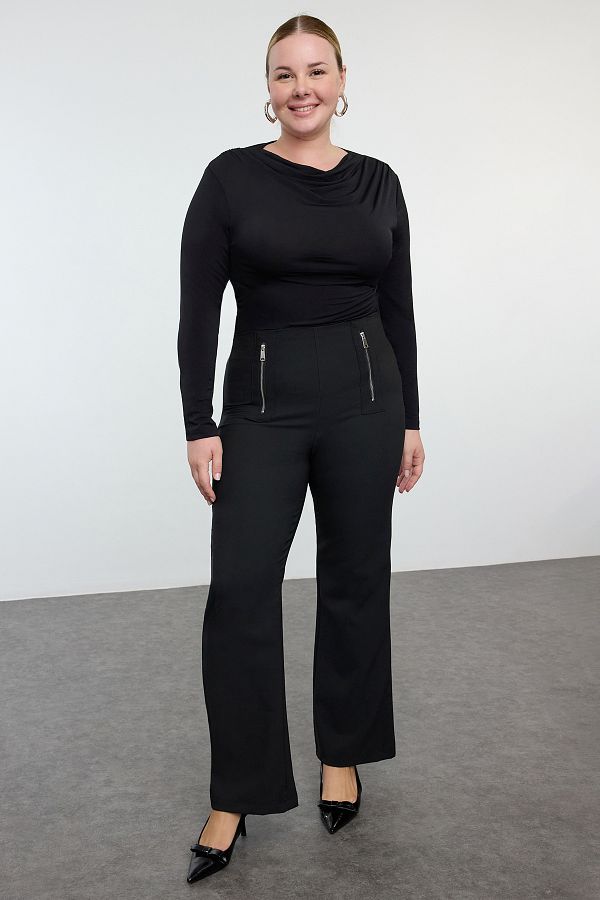 Trendyol Curve-High Waist Black Woven Flare Pants - Large Size 1