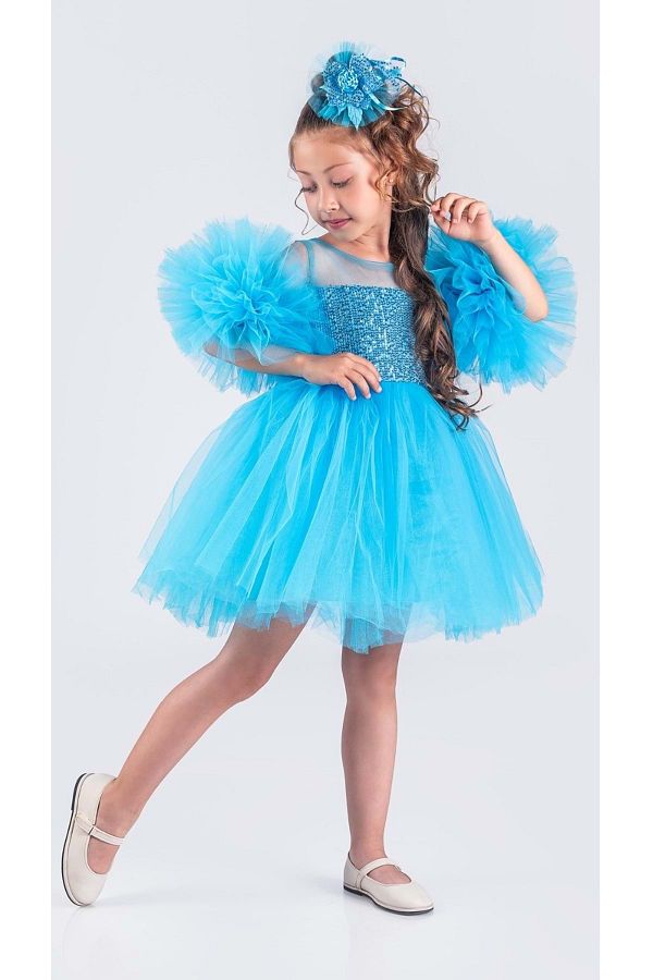 EYMA BUT K Girl s Chiffon Robe Pompom Sleeve and Sequined Puffy Skirt Tutu Evening Dress SYM0378 Trendyol