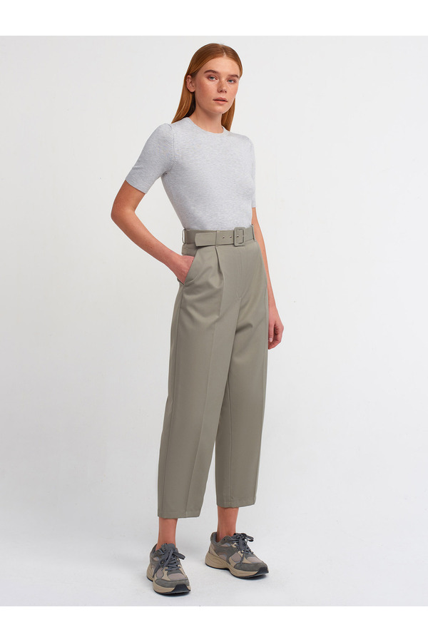 Dilvin-71179 High Waist Trousers with Collet Detail on the Front - Green 1