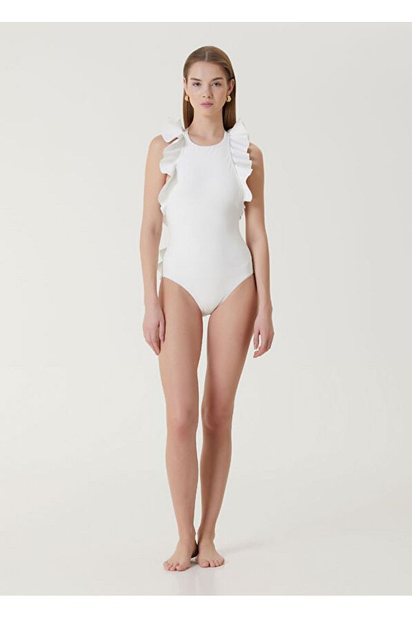 White ruffle swimsuit discount