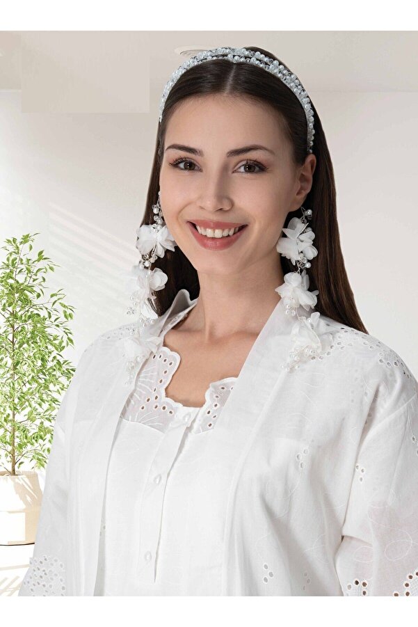 Effortt Özel Tasarım Sarkan Küpeli Beyaz Incili Lohusa Tacı