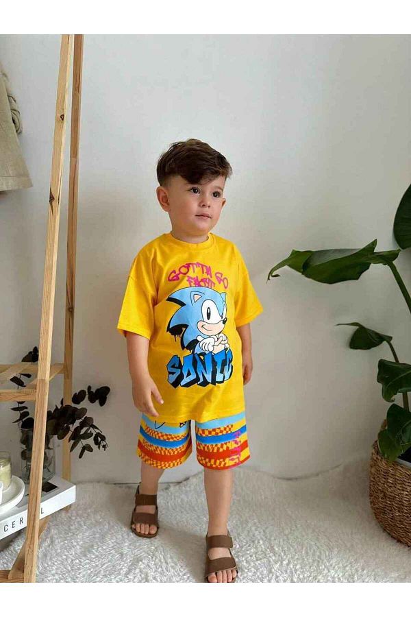 BİR DOZ ÇOCUK GÜLÜŞÜ-Sonic Cotton Patterned Shorts Set for Boy 1