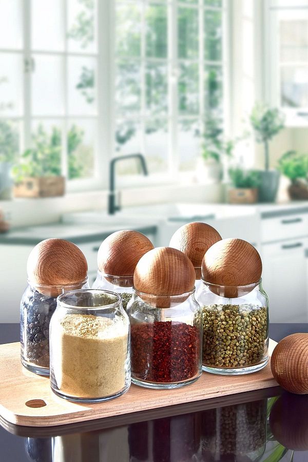 L VA Set of 6 Glass Jars with Wooden Top Lids Spice Jar Set 300 Ml
