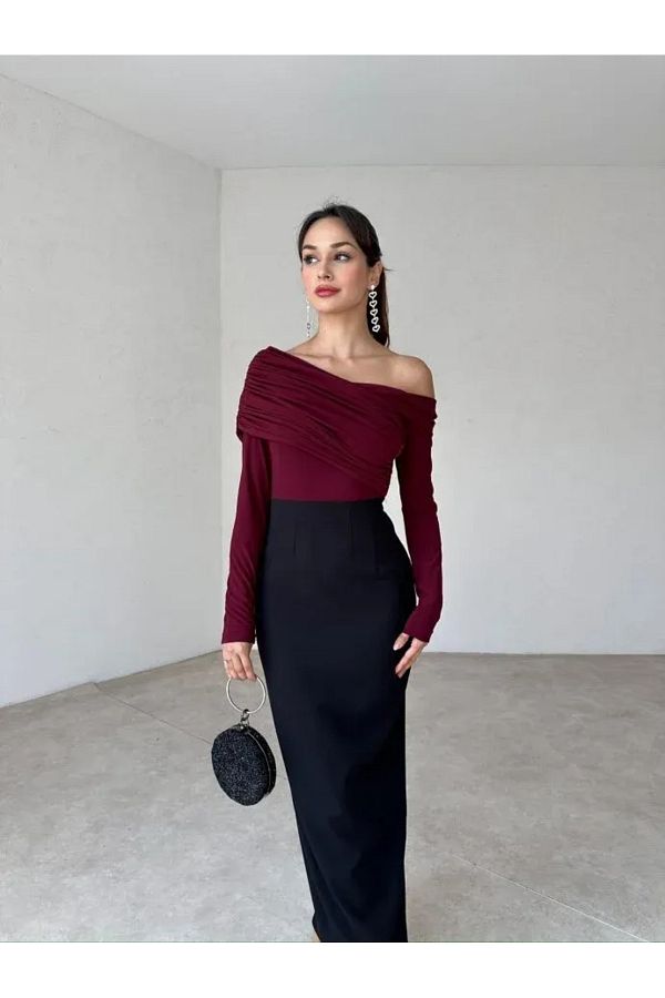 L BAS Evening Prom Dress Burgundy Pencil skirt Trendyol