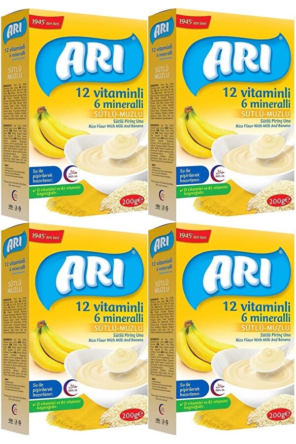Arı Mama Pirinç Unu 200 Gr Sütlü-Muzlu 12 Vitminli 6 Minarelli 4 Lü Set