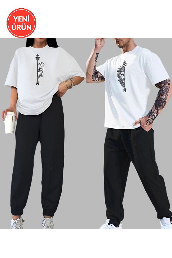 Rex Darius Lover Wife Couple Combination Cotton Combed and Lycra T Shirt and Sweatpants Set Trendyol