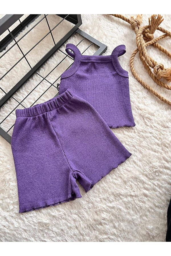 BAHNUR Mor Bebek Fitilli Ribana Crop Takım Alt-üst Yazlık Şort Takım