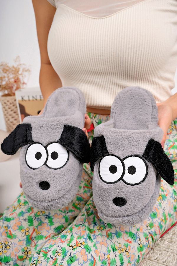 StWenn Plush Dog Patterned Women s Indoor Slippers Cute and Soft Winter Slippers Trendyol