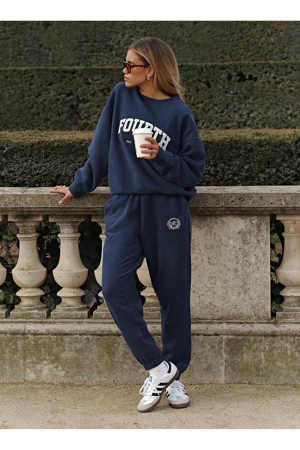 LOU SA Navy Blue Fourth Printed Women s Sweatshirt and Sweatpants Set Crew Neck Trendyol