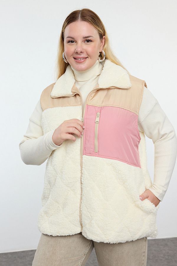 Trendyol Curve-Ecru Quilted Plush Vest - Color Block, Regular Fit TBBAW25BH00000 1