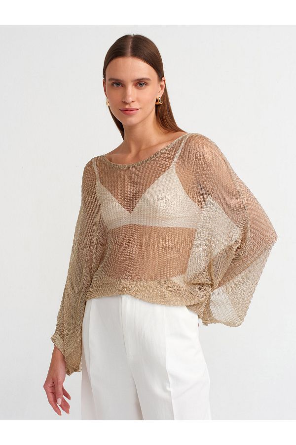 Dilvin 10594 Boat Neck Shiny Knitwear Sweater Light Gold Trendyol