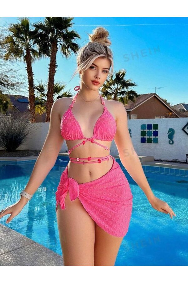 SHEIN-3 Pcs Pink String Bikini Set 1