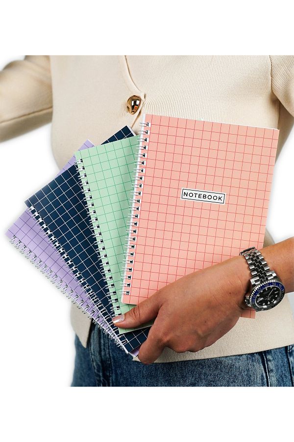 Nice Notes-A5 Checkered School Notebook - Spiral, 80 Sheets, Set of 4 1