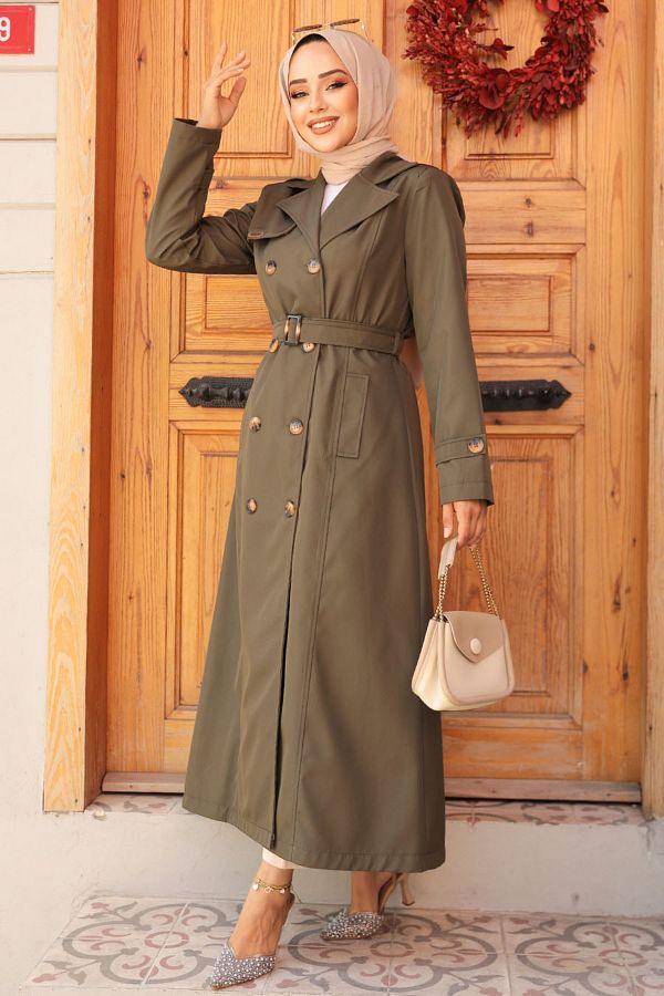 Neva Style Khaki Belted Hijab Trench Coat 61500hk Trendyol