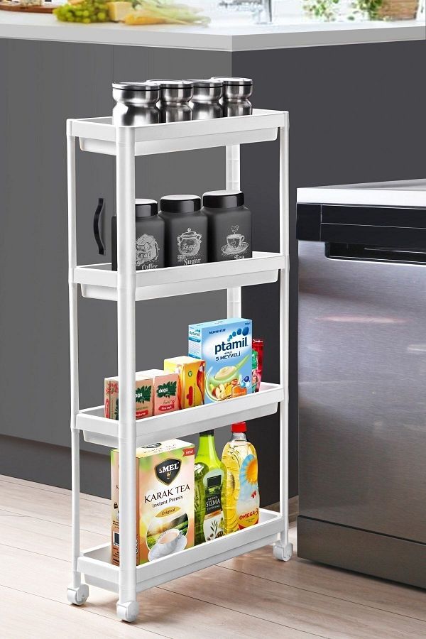 Omaş Household Product-Unitate de rafturi dreptunghiulară cu 4 etaje cu roți, alb, pentru baie, pentru bucătărie, raft organizator 1