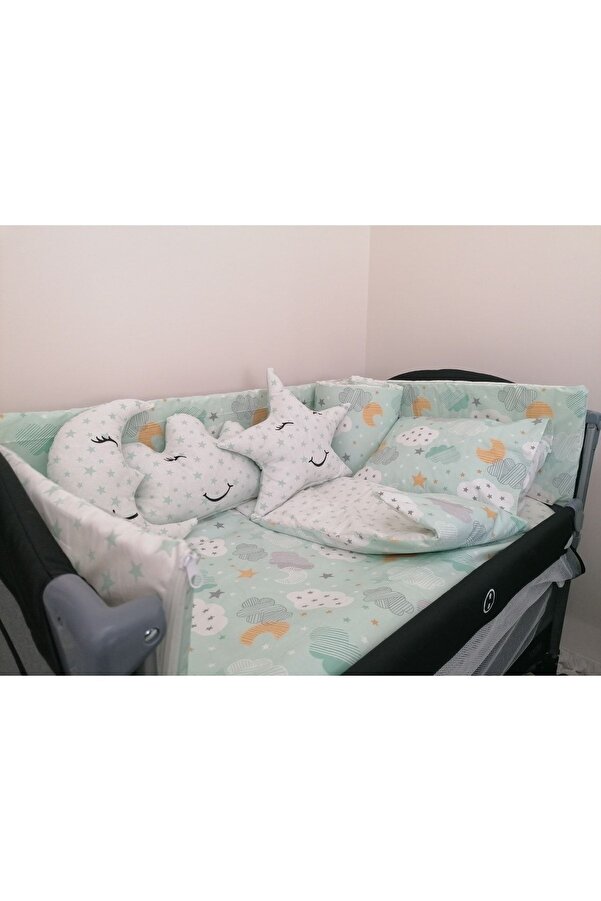 Bebek Özel Pamuklu 70x120 Park Beşik Uyku Seti Kenar Korumalı Yeşil Ay Yıldızlı (10 PARÇA) (Yorganlı)