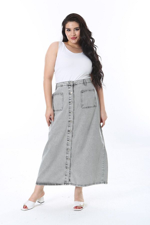 ans Large Size Gray Denim Skirt Front Button 65n38263 Trendyol