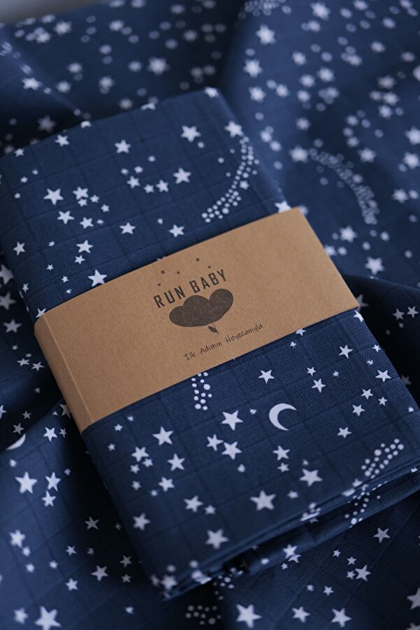 runbaby 100x120cm Oeko-tex Sertifikalı Bebek Müslin Örtü (LACİVERT YILDIZ)