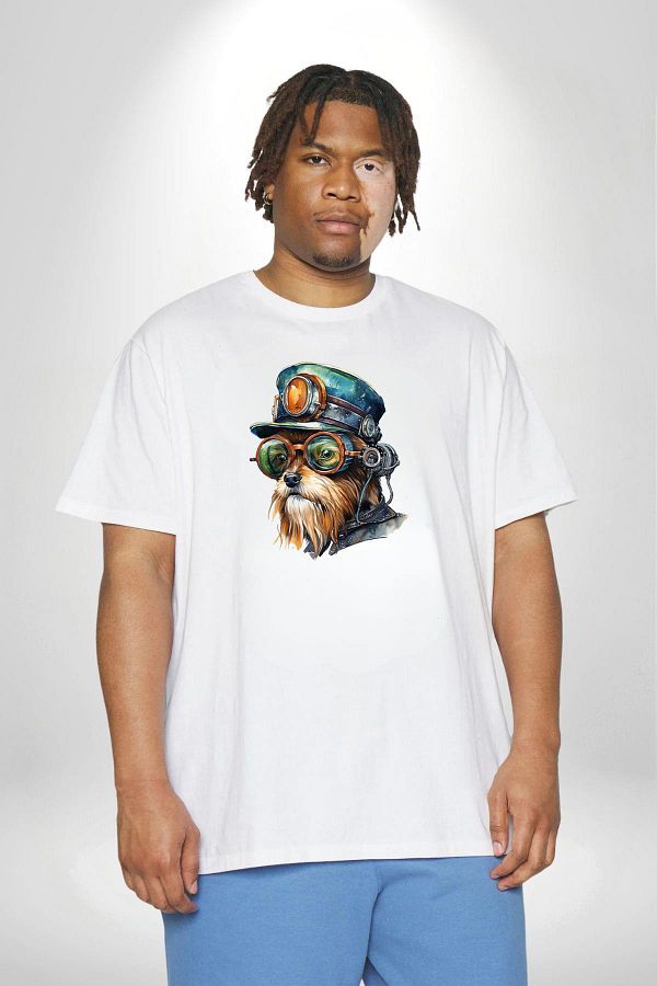 Angemiel Yorkshire Train Driver Pattern White Large Size T Shirt with Glasses Trendyol
