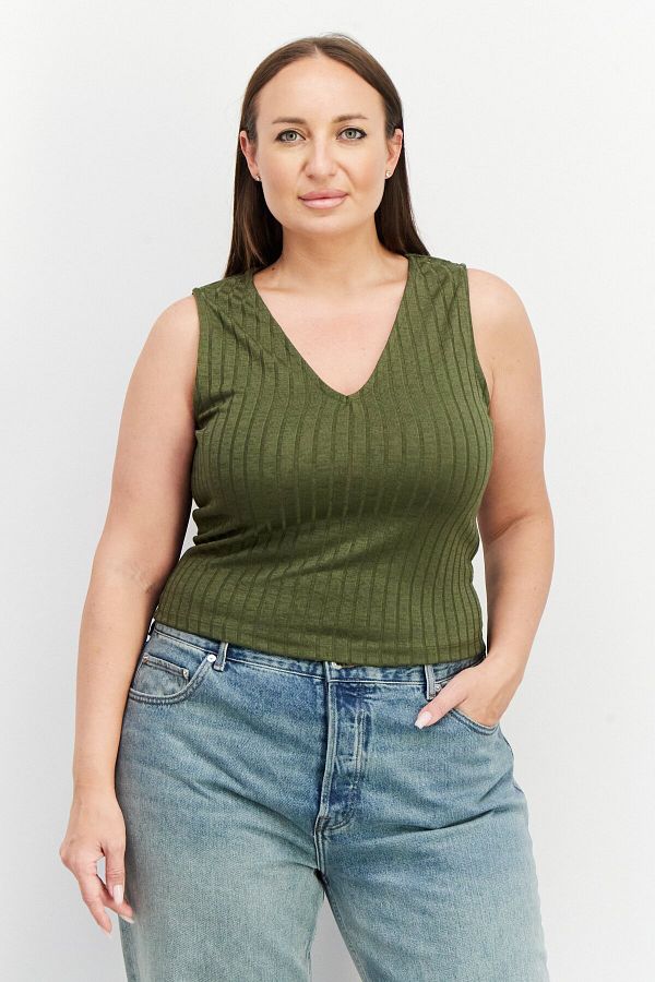 NA KD Women V Neck Sleeveless Textured Tank Top Khaki Trendyol