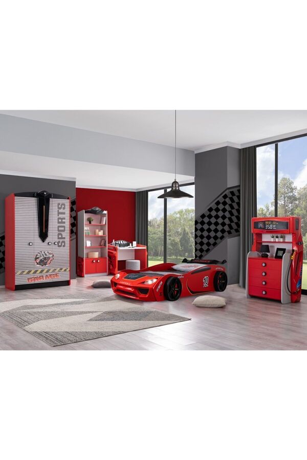 Setay Çocuk Odası - Vento Arabalı Yatak - Sport 3 Kapılı Dolap, Masa, Şifonyer, Kitaplık - Kırmızı